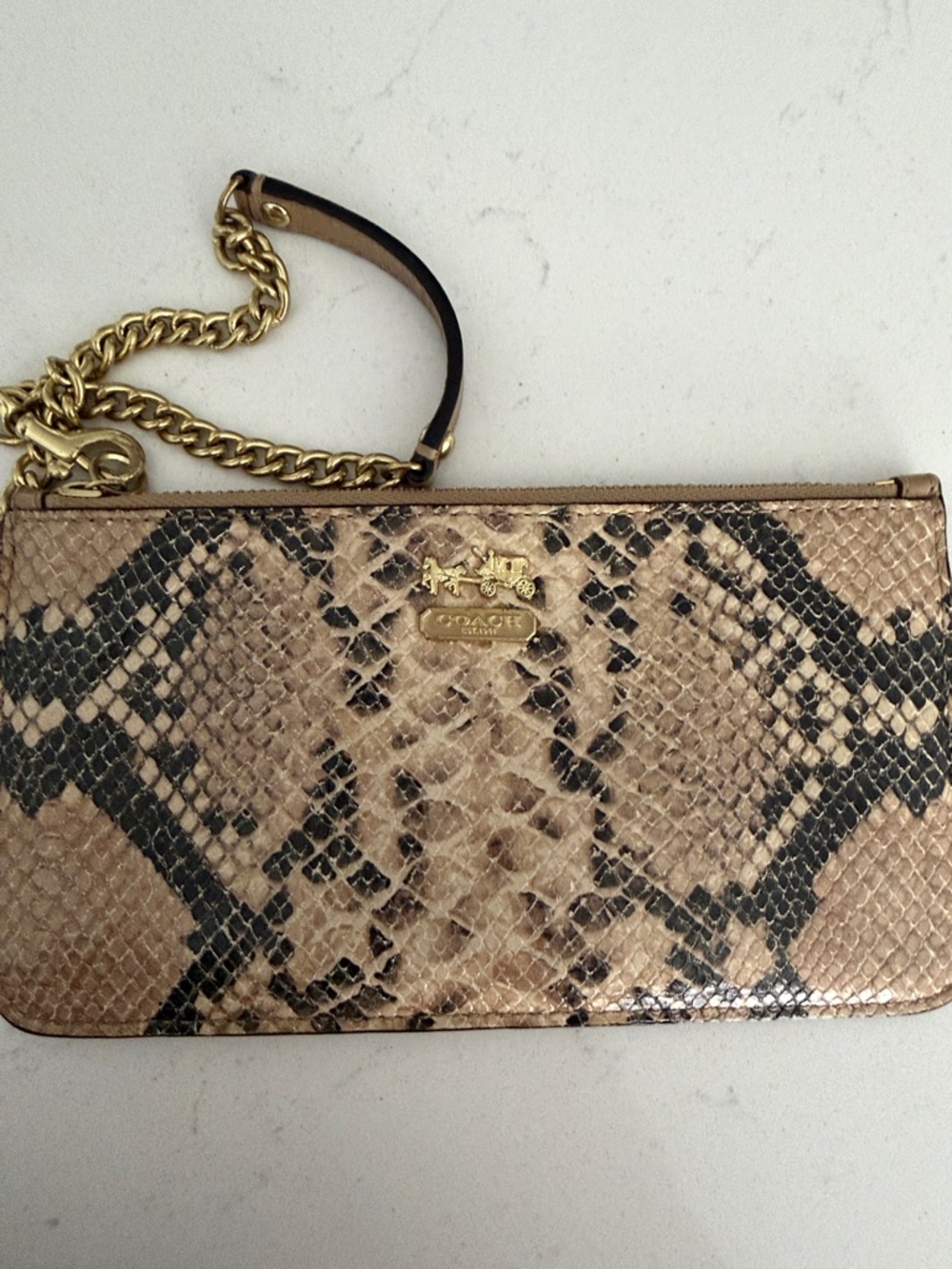 Coach Snake-Print Clutch in Beige, Black with Gold Hardware